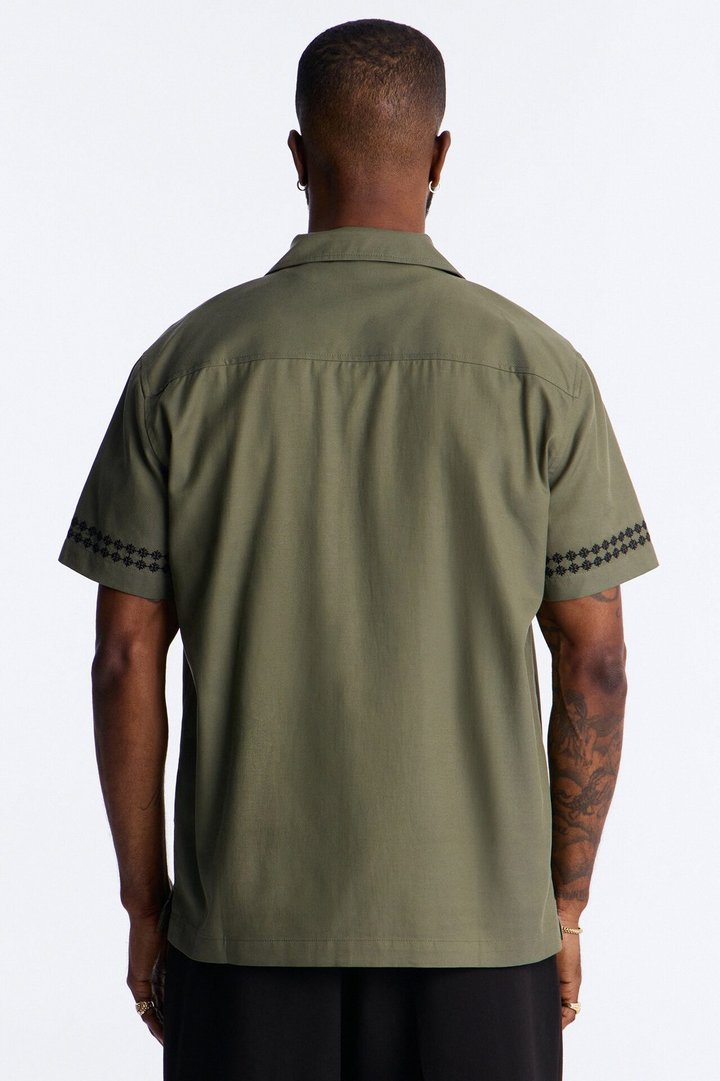 Coastal Embroidered Cuban Collar Button Up Shirt - Olive