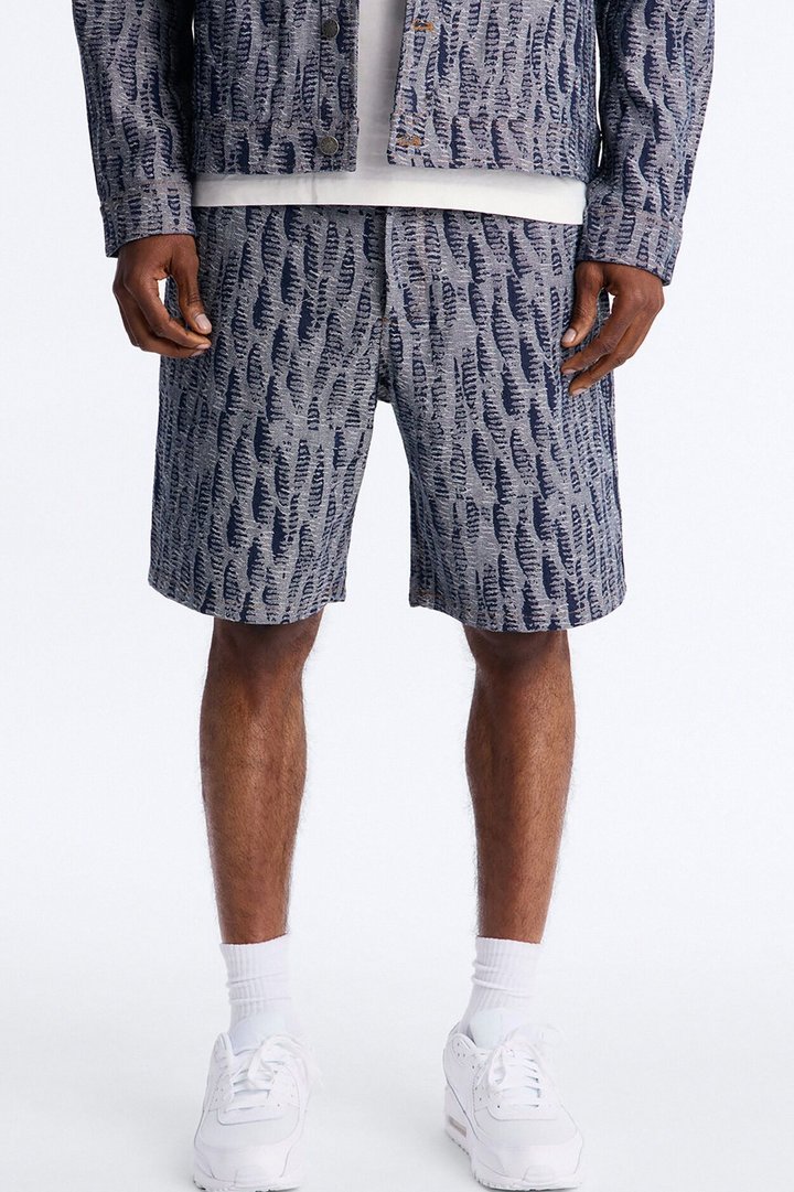 Relaxed Matrix Jacquard Denim Short - Dark Wash