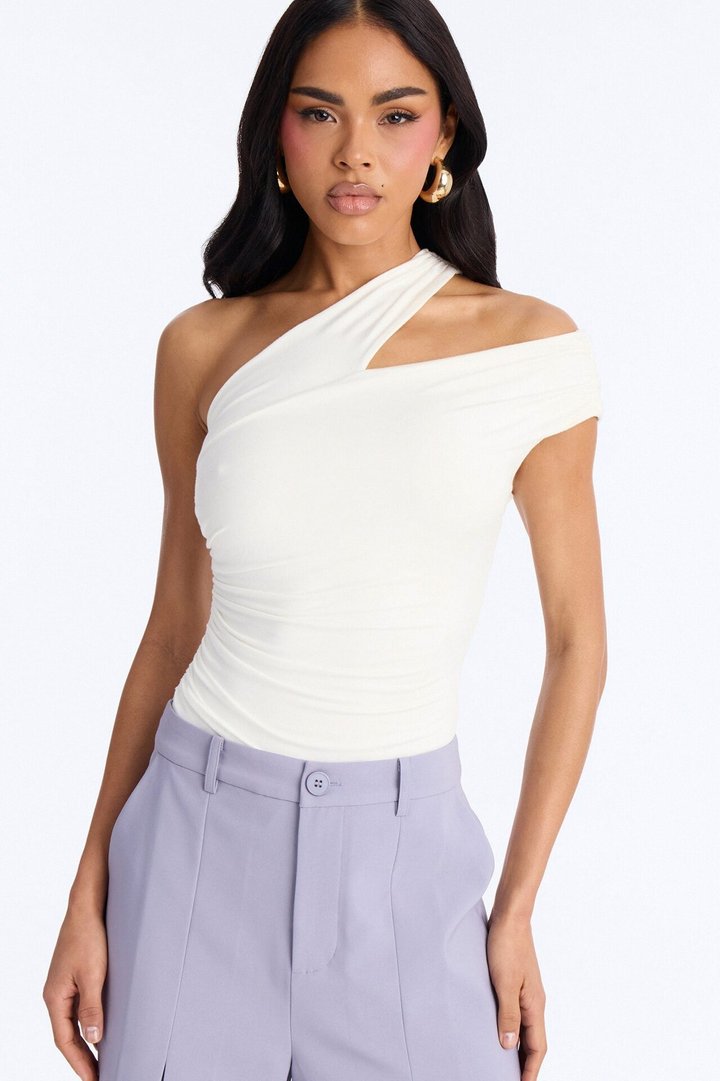 Been Here Before Ruched One Shoulder Bodysuit - White