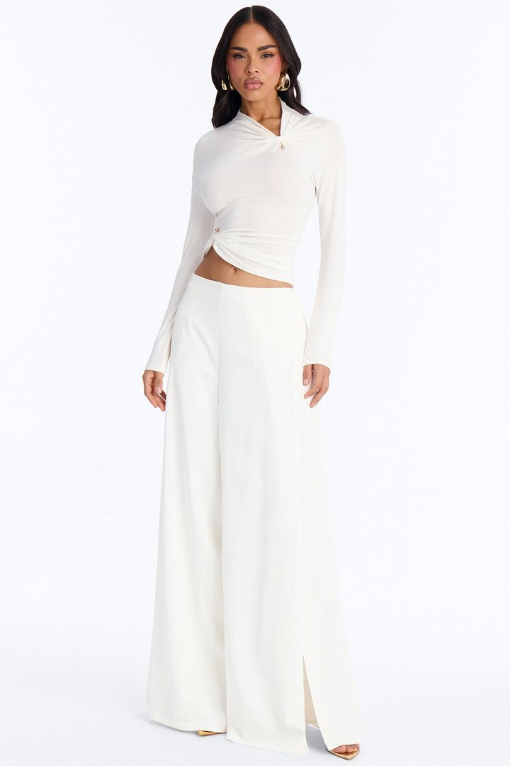Pin Me Asymmetrical Neck Long Sleeve Top - White