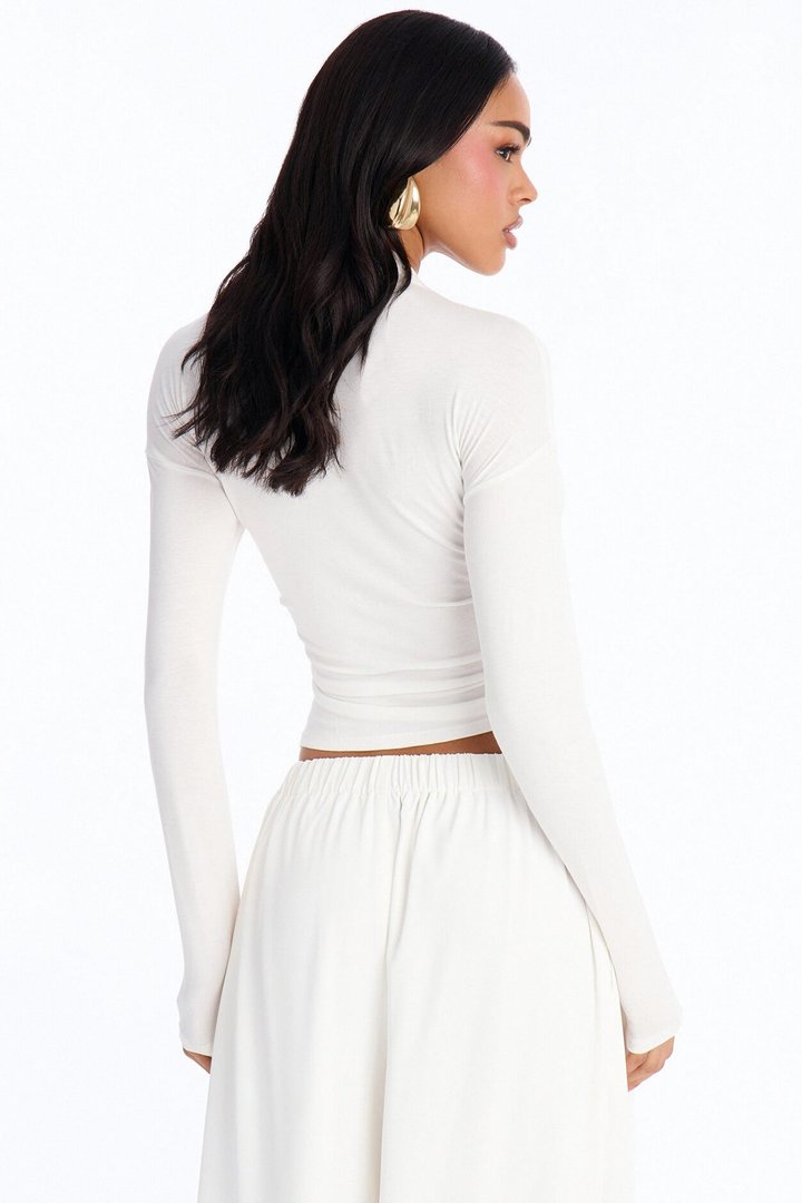 Pin Me Asymmetrical Neck Long Sleeve Top - White