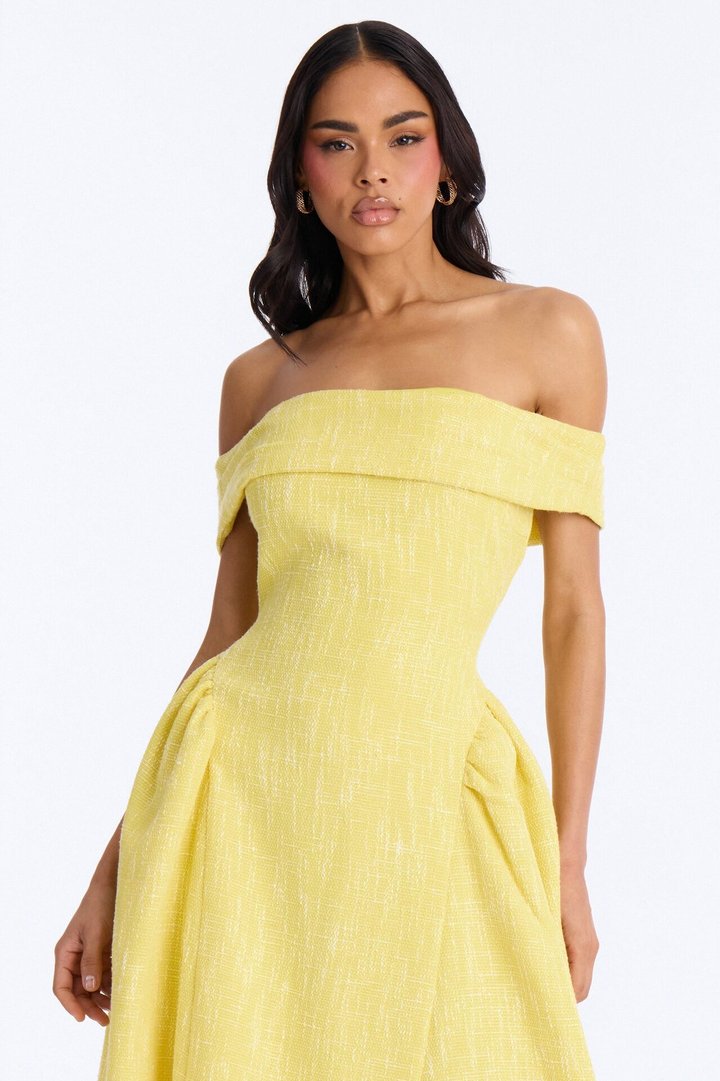 Paisley Off Shoulder Tweed Midi Dress - Yellow