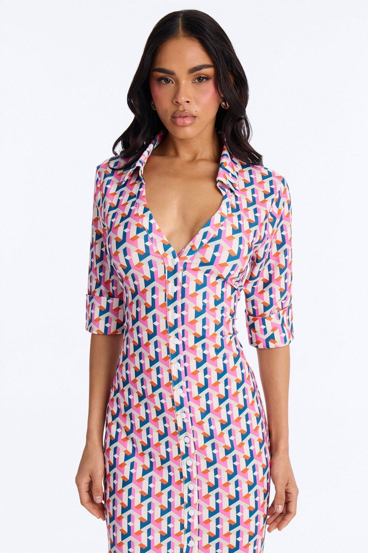Elise Printed Midi Dress - Pink/combo