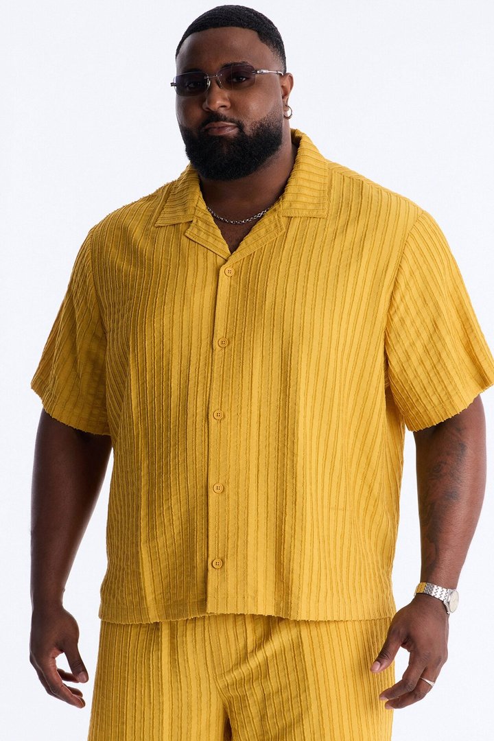 Relaxed Aegean Pleat Cuban Collar Button Up - Mustard