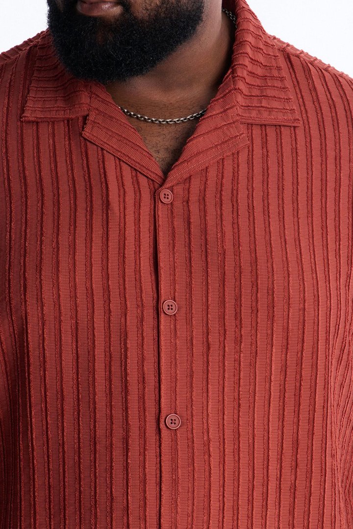 Relaxed Aegean Pleat Cuban Collar Button Up - Rust