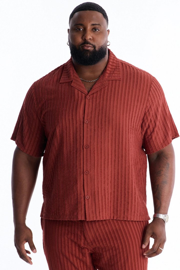 Relaxed Aegean Pleat Cuban Collar Button Up - Rust