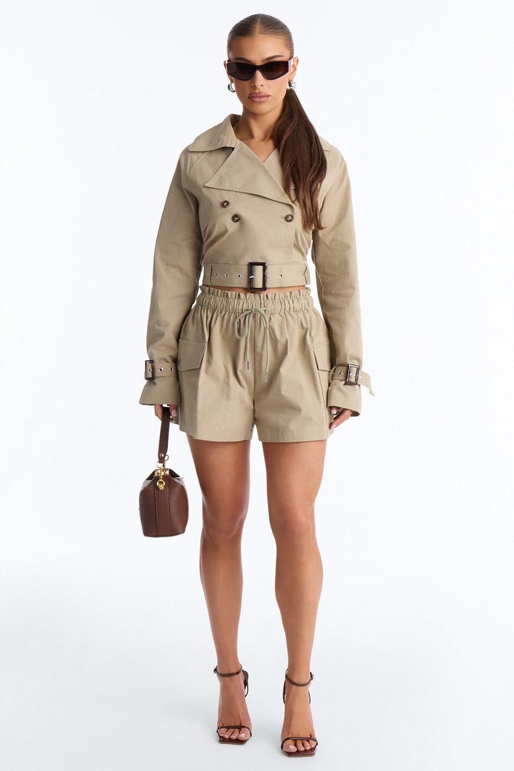 Head Turner Twill Cropped Trench Jacket - Khaki