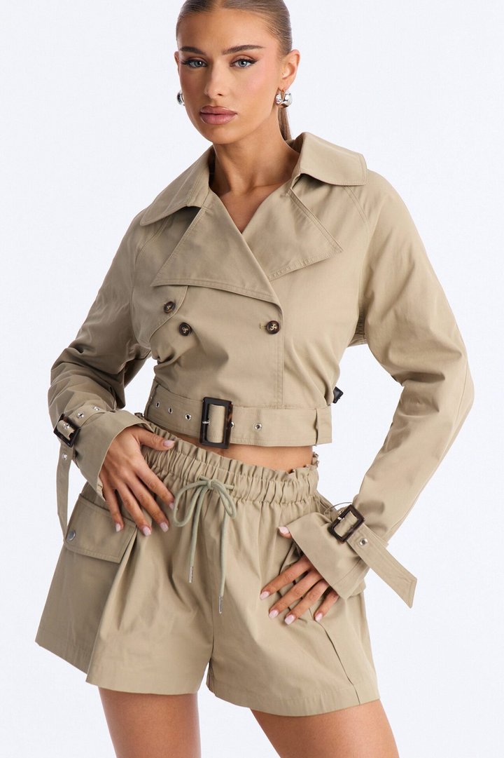 Head Turner Twill Cropped Trench Jacket - Khaki