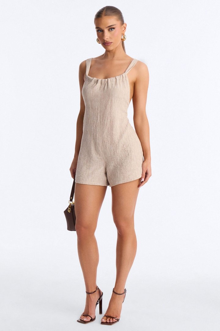 Jeanie Flowy Linen Romper - Tan