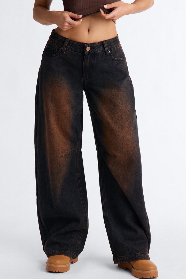 By My Side Low Waist Tinted Barrel Jeans - Dark Brown