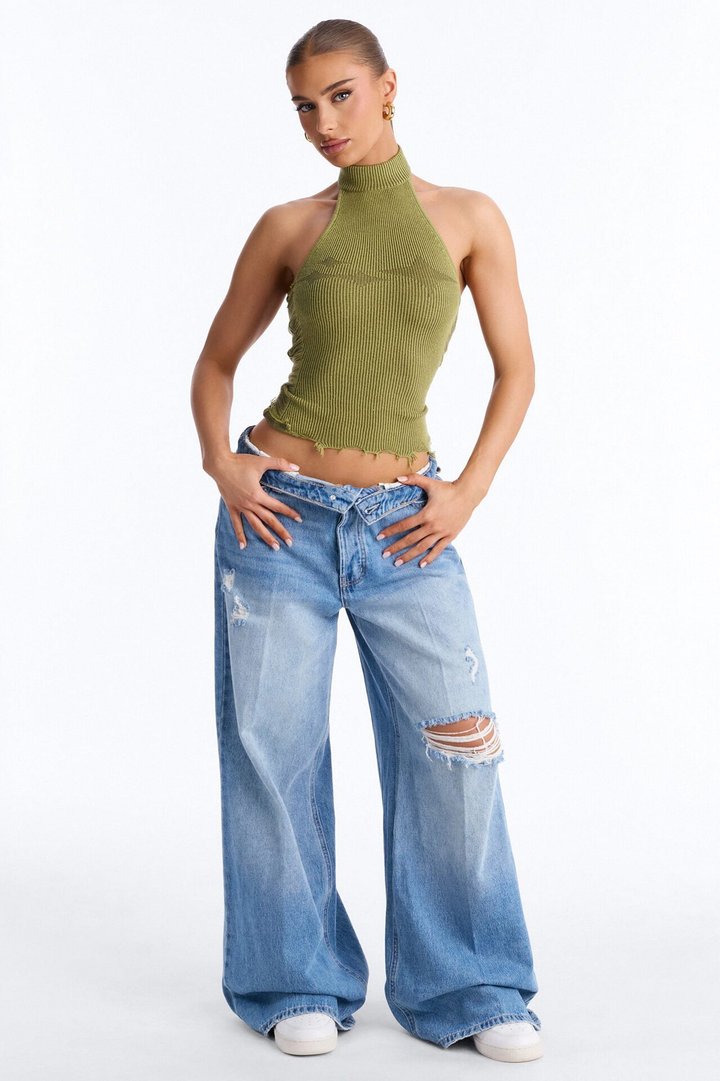 You're A Star Marled Sweater Halter Top - Sage/combo
