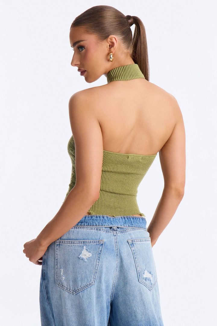 You're A Star Marled Sweater Halter Top - Sage/combo