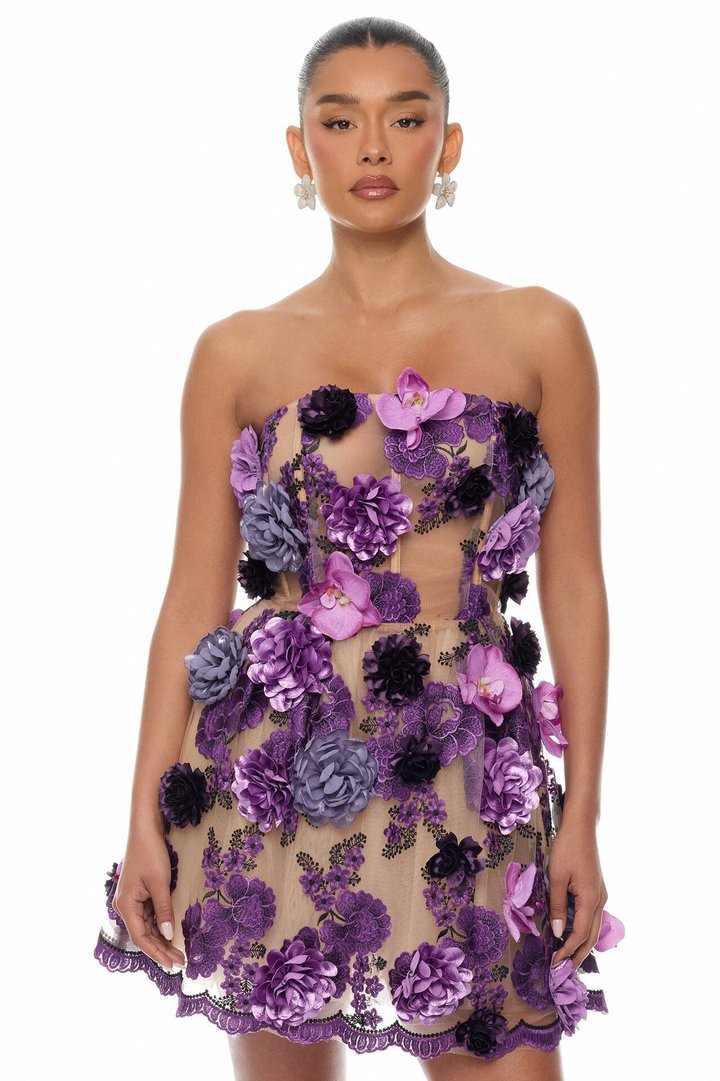 In Bloom Floral Applique Mini Dress - Purple