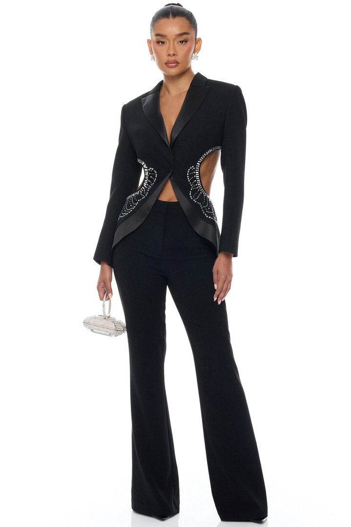 Hard To Miss Cut Out Embellished Pant Set - Black