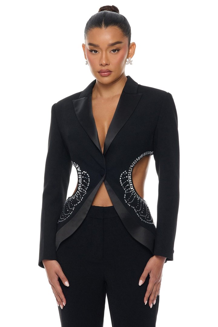 Hard To Miss Cut Out Embellished Pant Set - Black