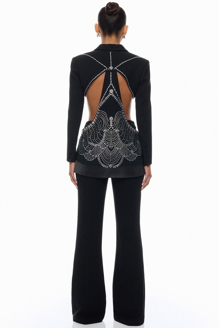 Hard To Miss Cut Out Embellished Pant Set - Black