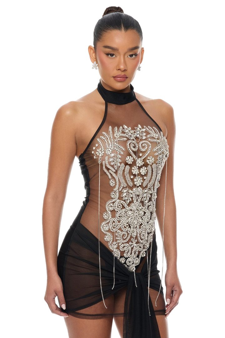 Jaw Dropped Rhinestone Mini Dress - Black