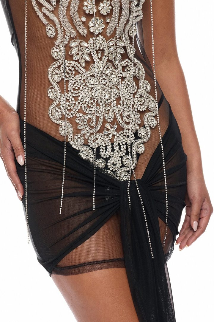 Jaw Dropped Rhinestone Mini Dress - Black
