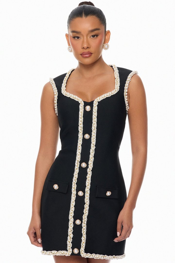 Victoria Pearl Trim Bandage Mini Dress - Black
