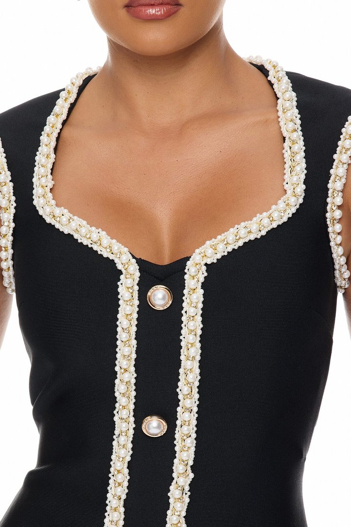 Victoria Pearl Trim Bandage Mini Dress - Black