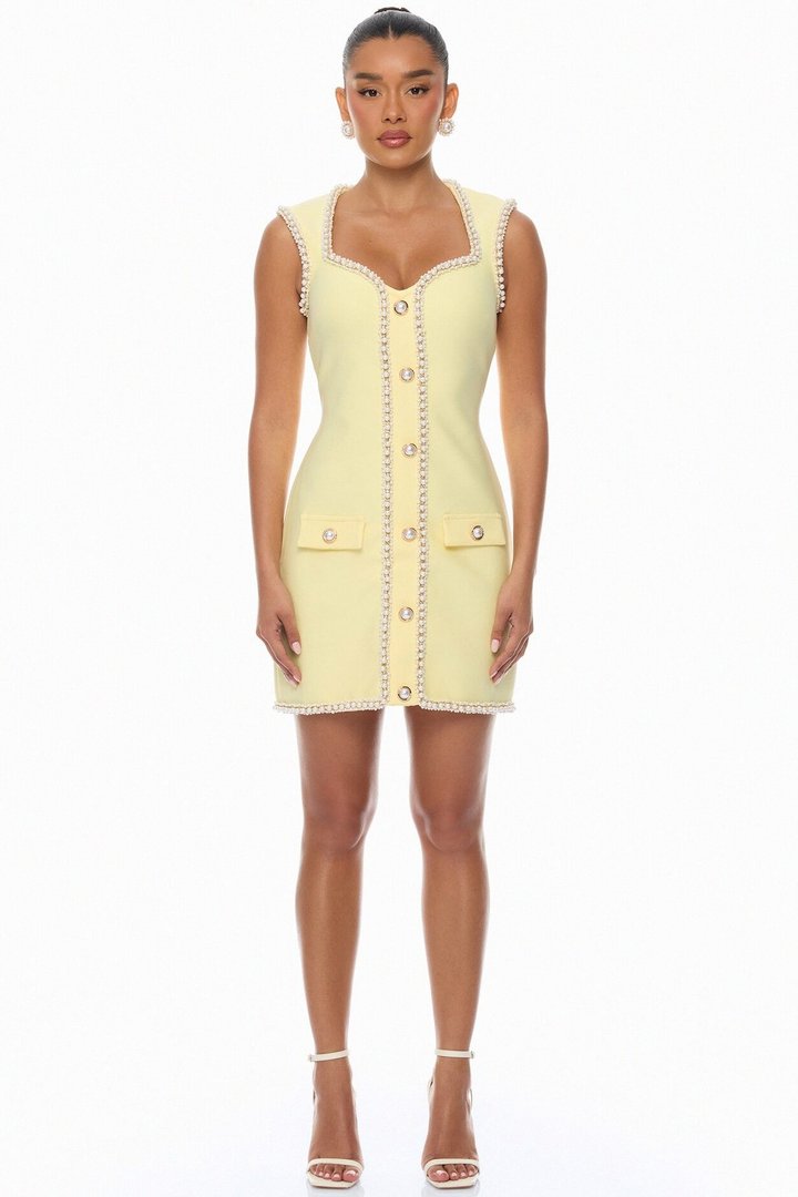 Victoria Pearl Trim Bandage Mini Dress - Butter Yellow