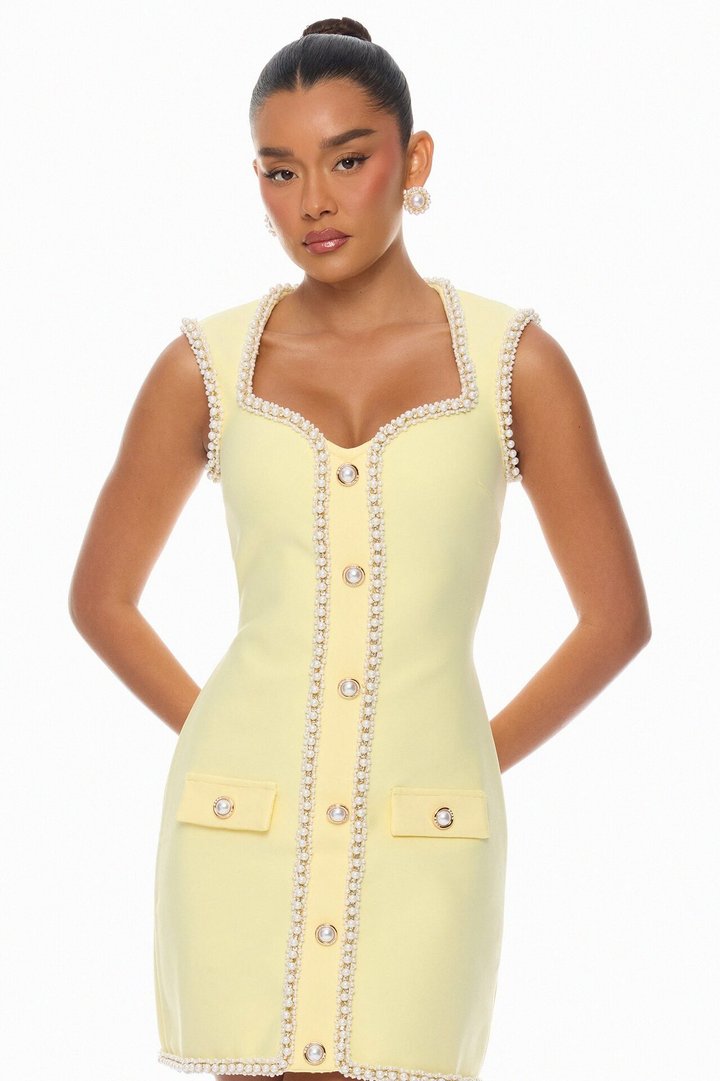 Victoria Pearl Trim Bandage Mini Dress - Butter Yellow