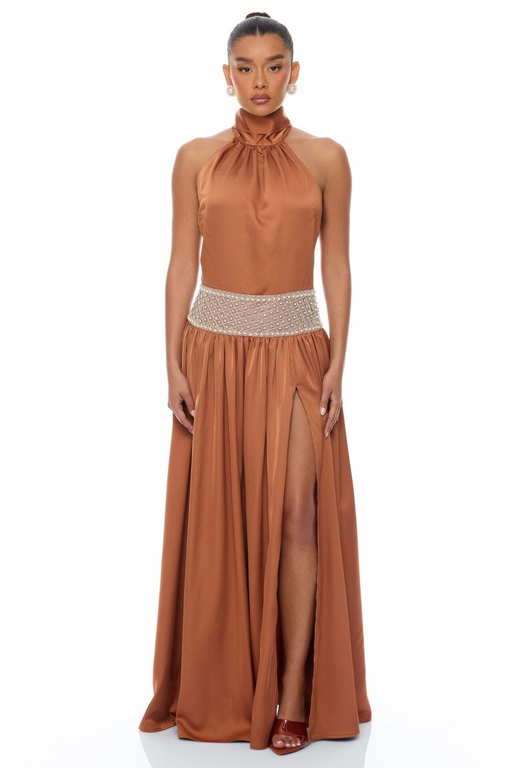Anya Embellished Satin Maxi Dress - Bronze