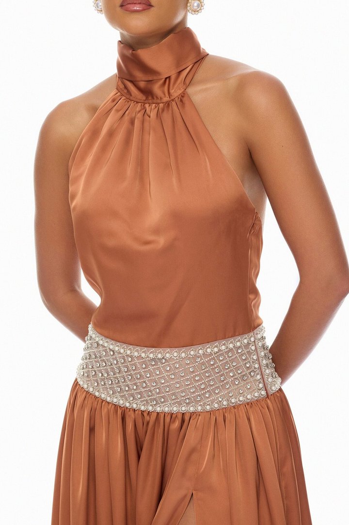 Anya Embellished Satin Maxi Dress - Bronze