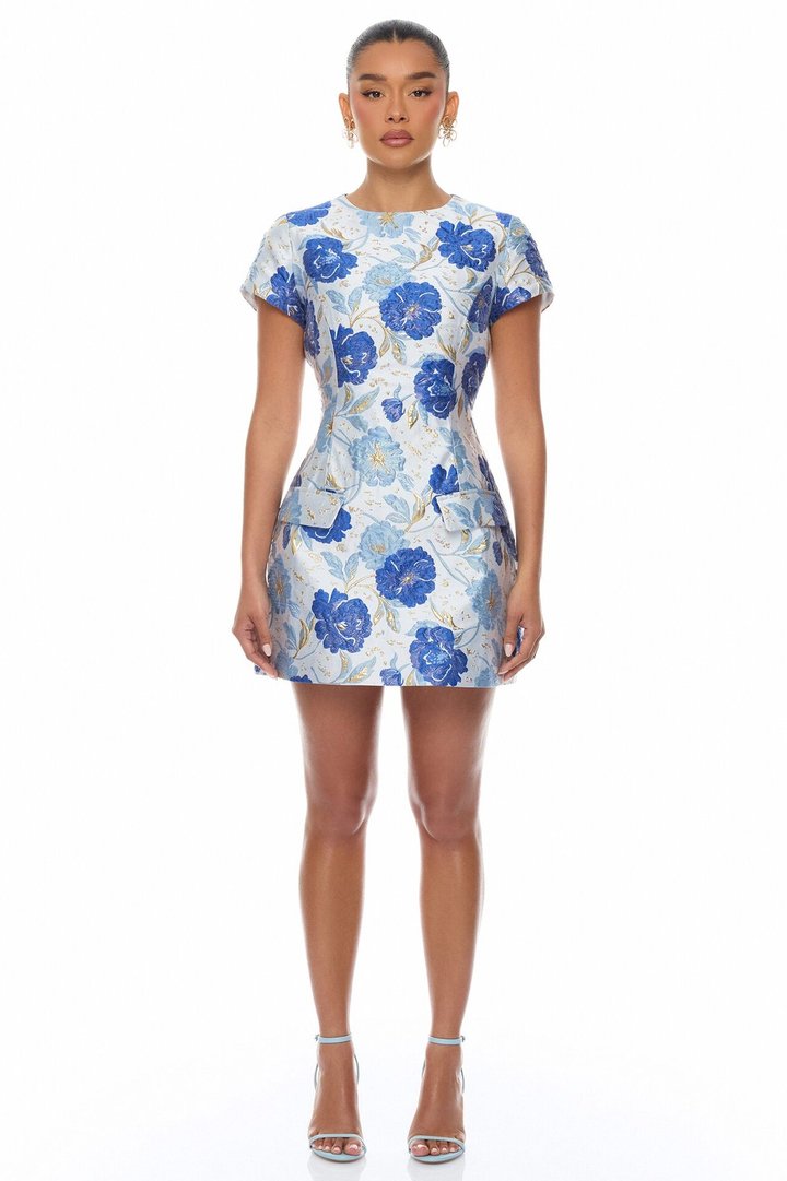 Florencia Short Sleeve Jacquard Mini Dress - Blue/combo