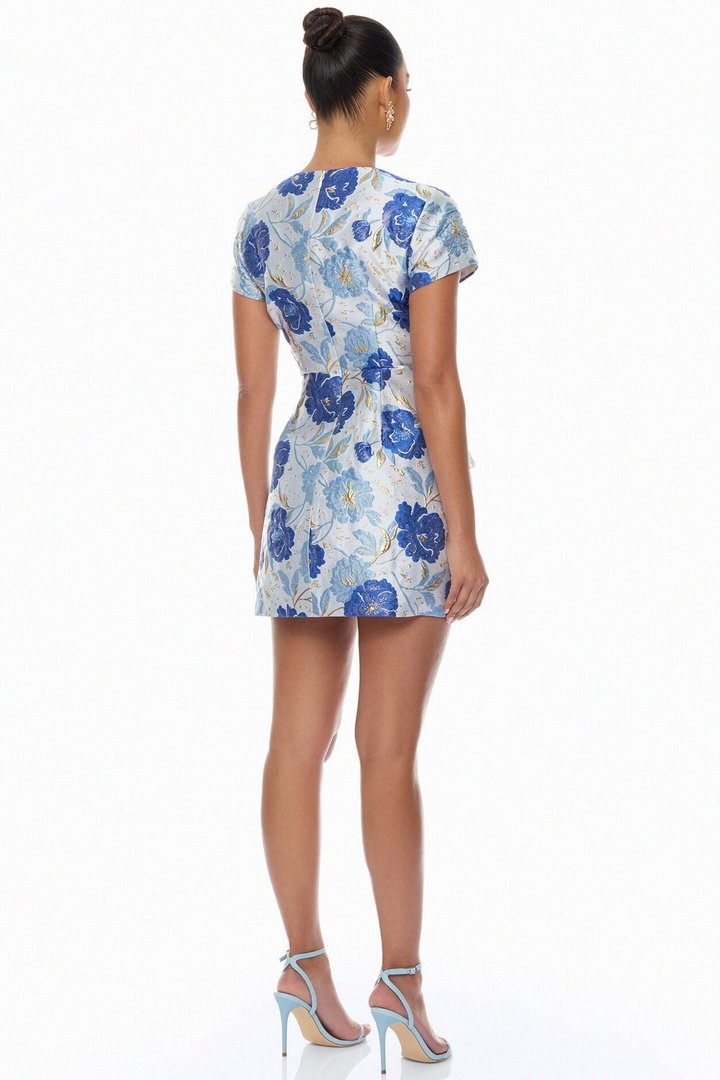 Florencia Short Sleeve Jacquard Mini Dress - Blue/combo