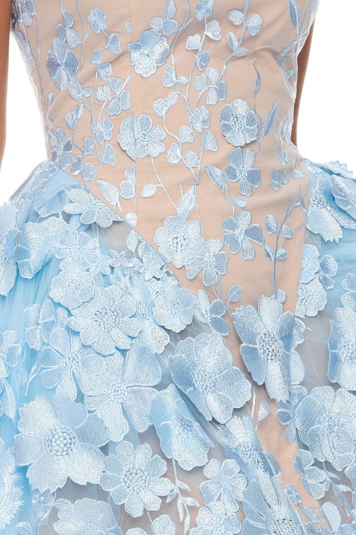 Garden Grace Floral Embroidered Mini Dress - Light Blue