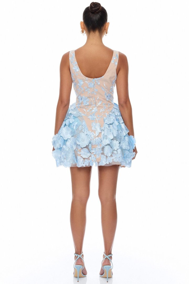 Garden Grace Floral Embroidered Mini Dress - Light Blue