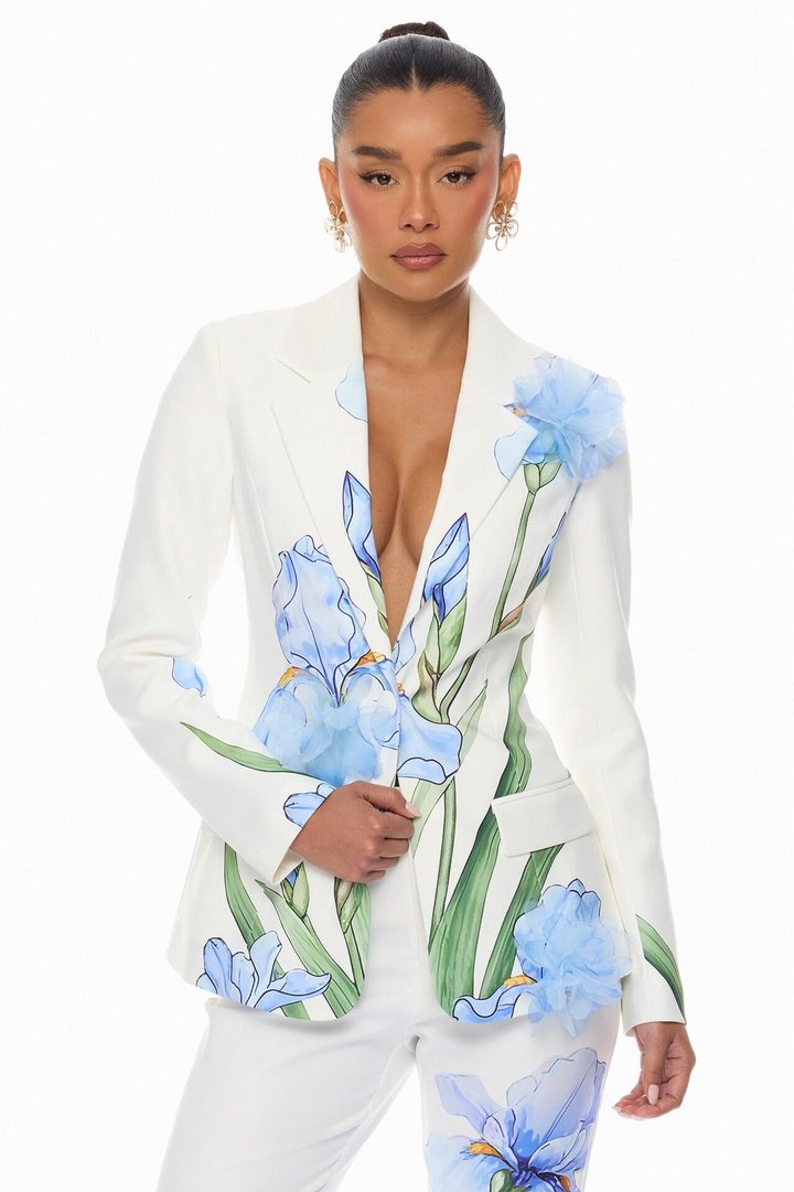 Floral Fantasy Crepe Blazer Pant Set - Blue/combo
