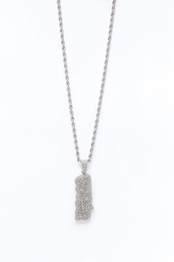 Saint Script Vertical Iced Pendant Necklace - Silver