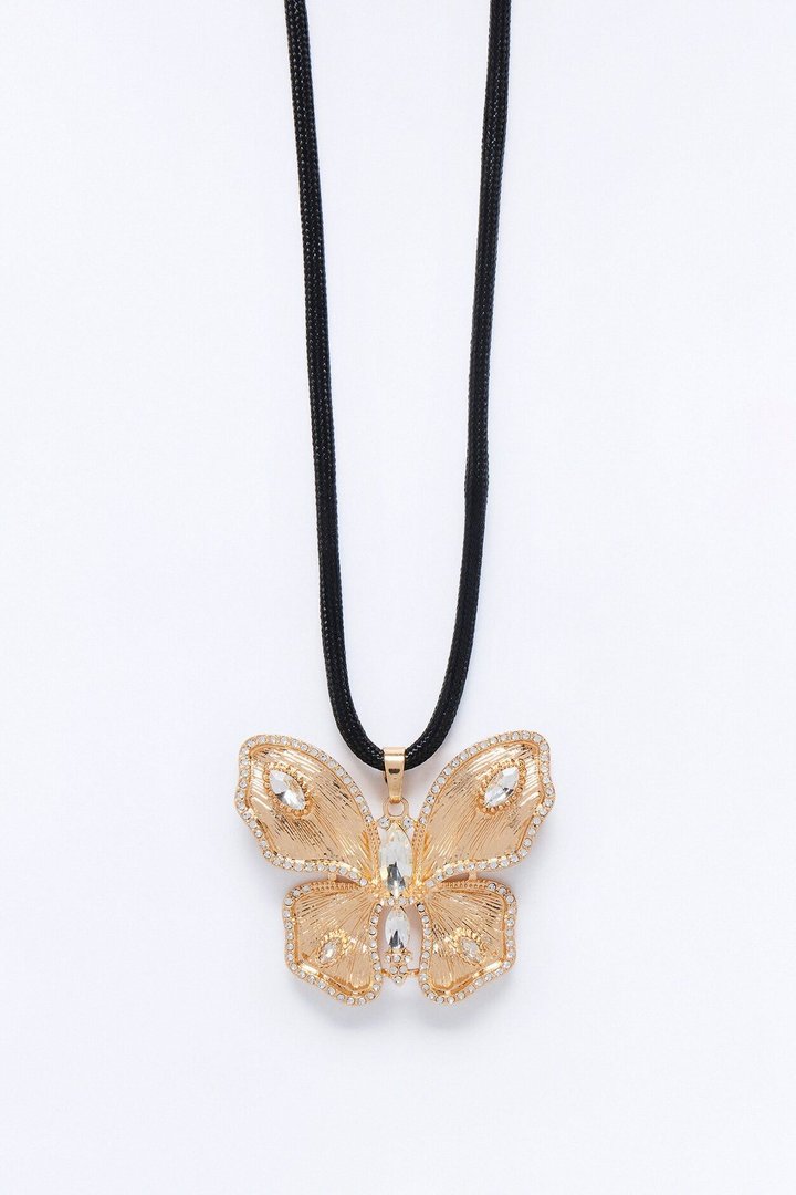 Flutter Bliss Rhinestone Butterfly Pendant Necklace - Gold/Black