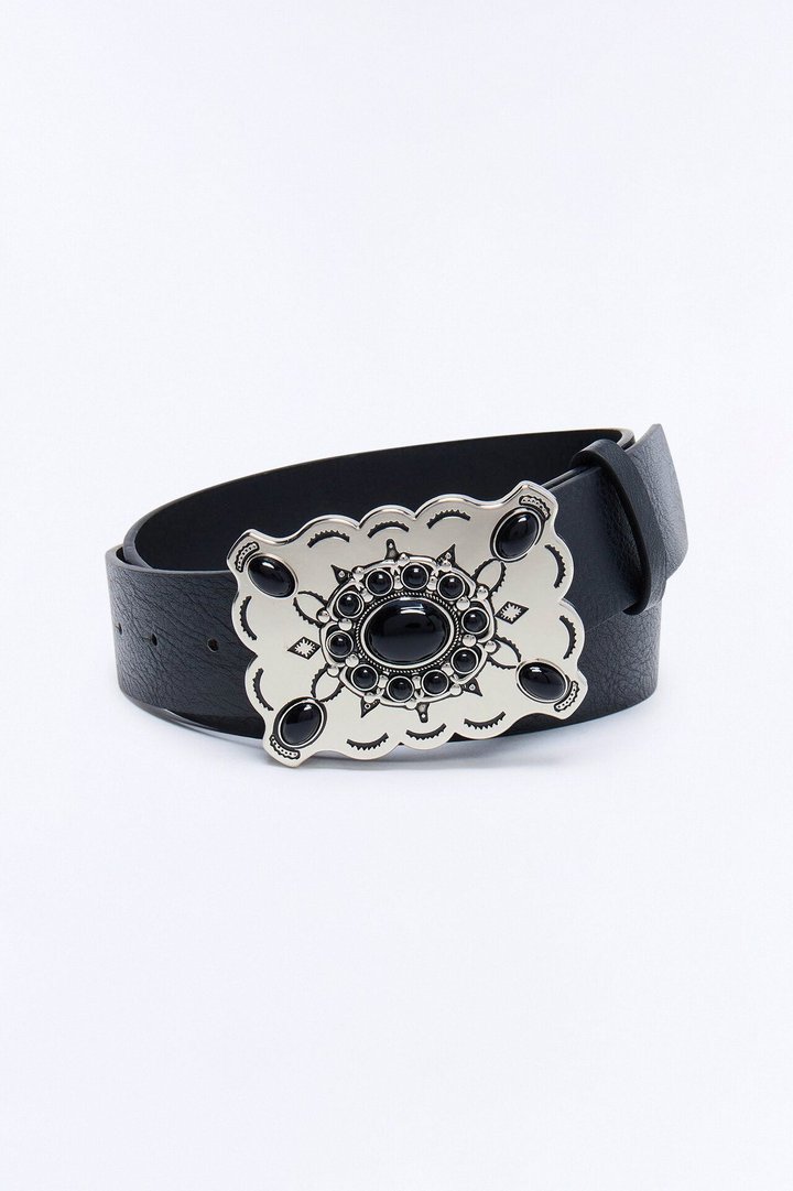 Desert Flower Faux Leather Belt - Silver/Black