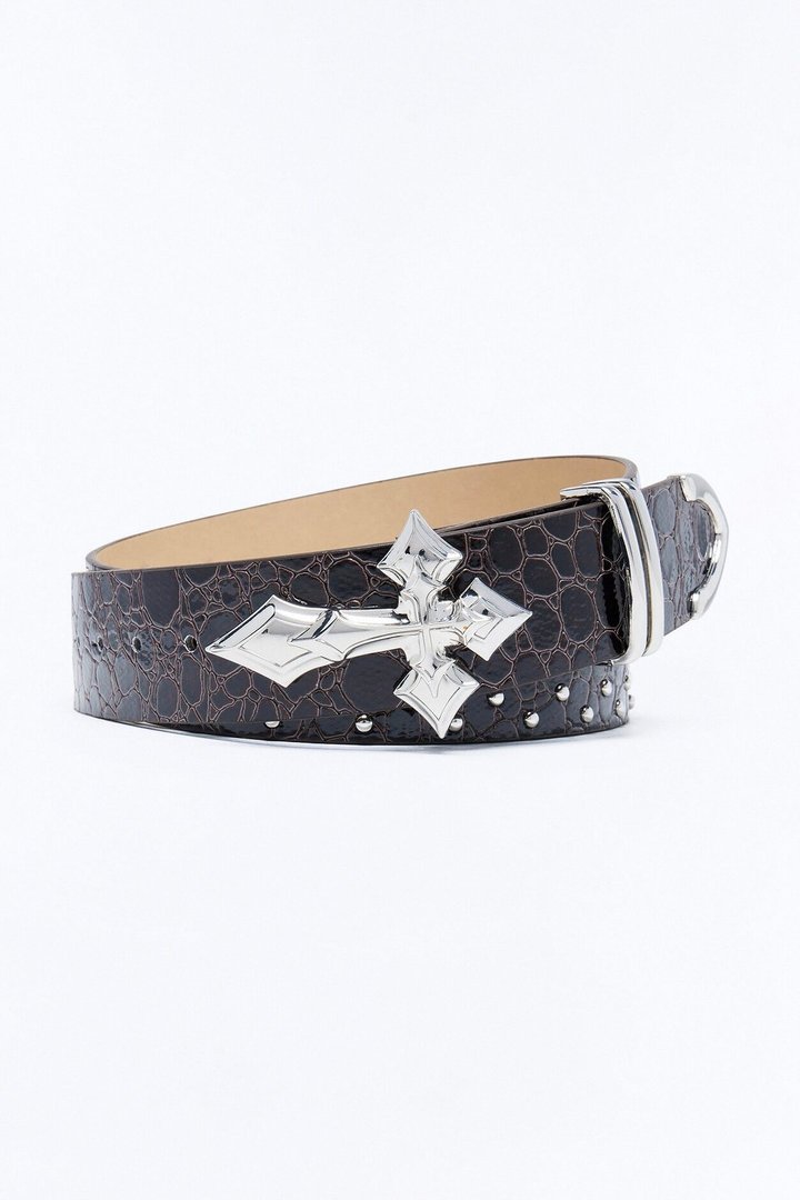 Cross Buckle Embossed Faux Leather Belt - Brown