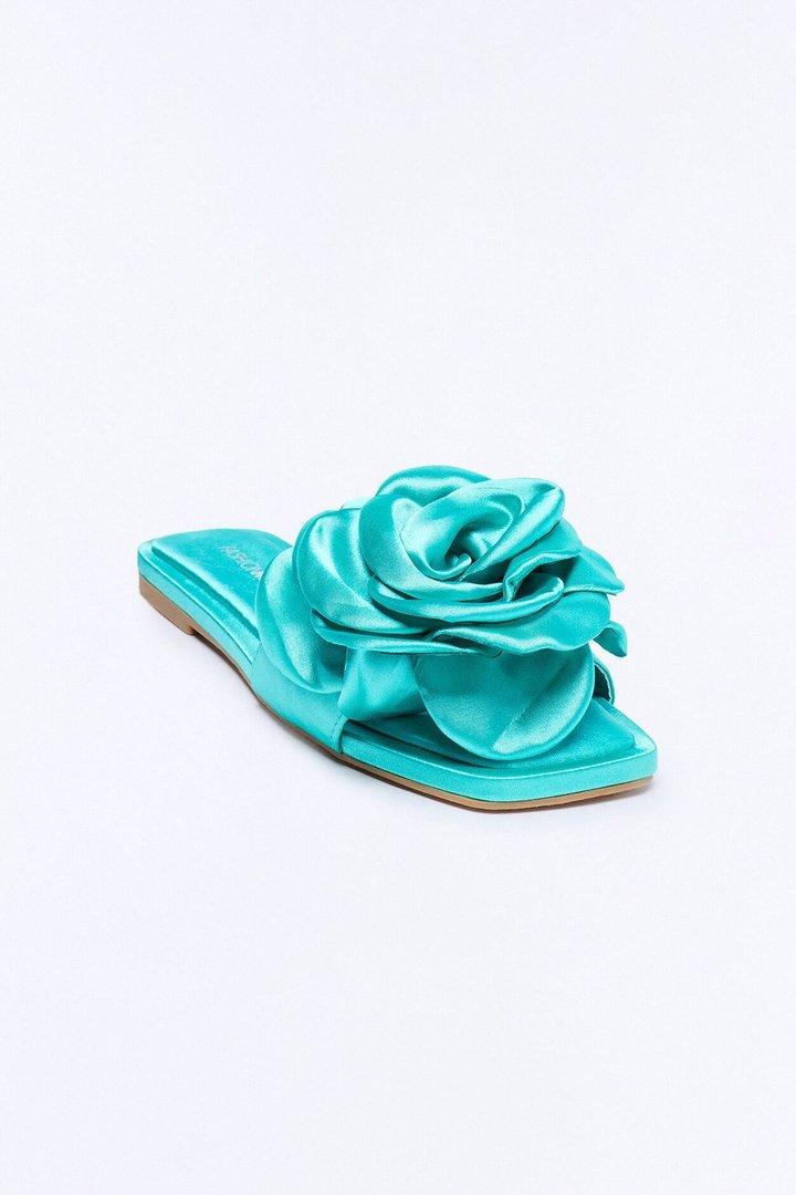 Verity Satin Flower Sandals - Turquoise