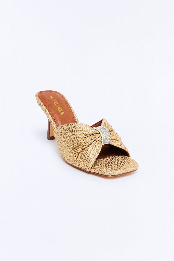 Caribbean Rhinestone Raffia Heels - Gold