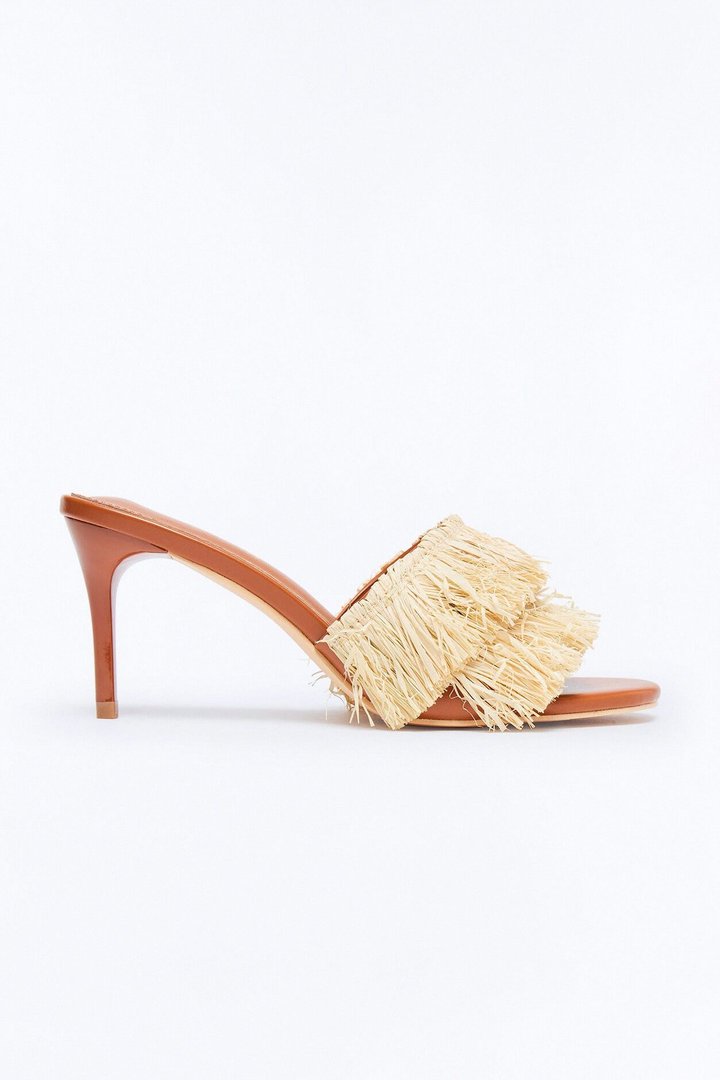 Tiki Raffia Fringe Heels - Tan