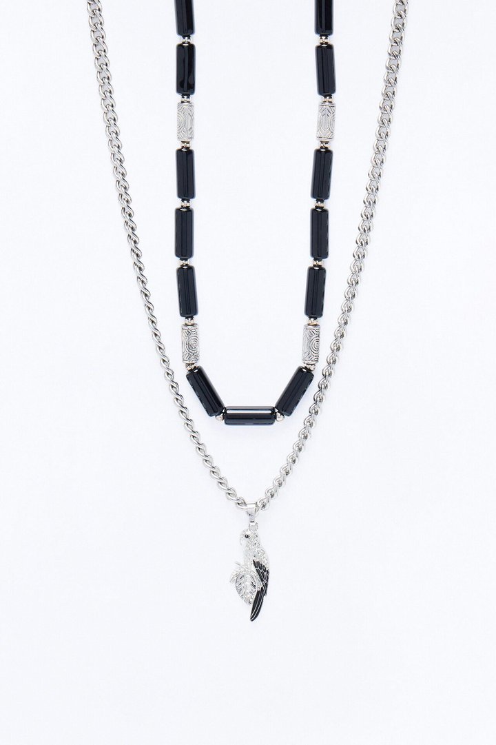 Layered Cuban Parrot And Beaded Necklace Set - Silver/Black
