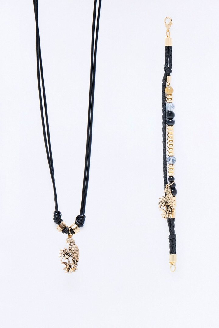 Island Faux Leather Cording Necklace And Bracelet Set - Grey/Gold