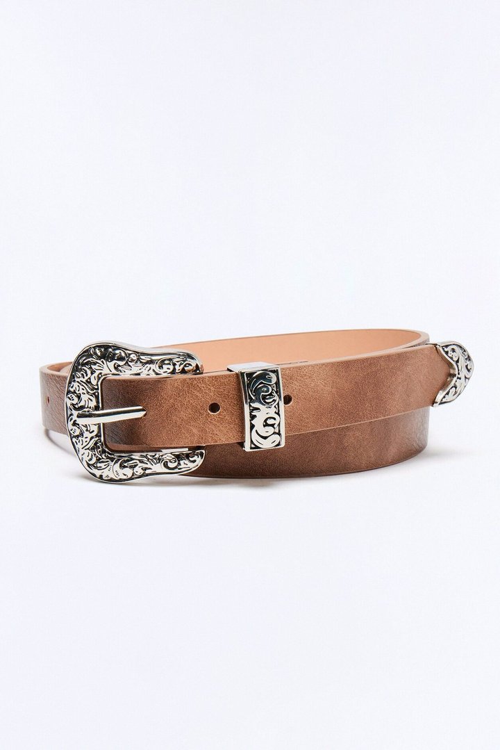 Frontier Cutie Faux Leather Belt - Silver/Brown