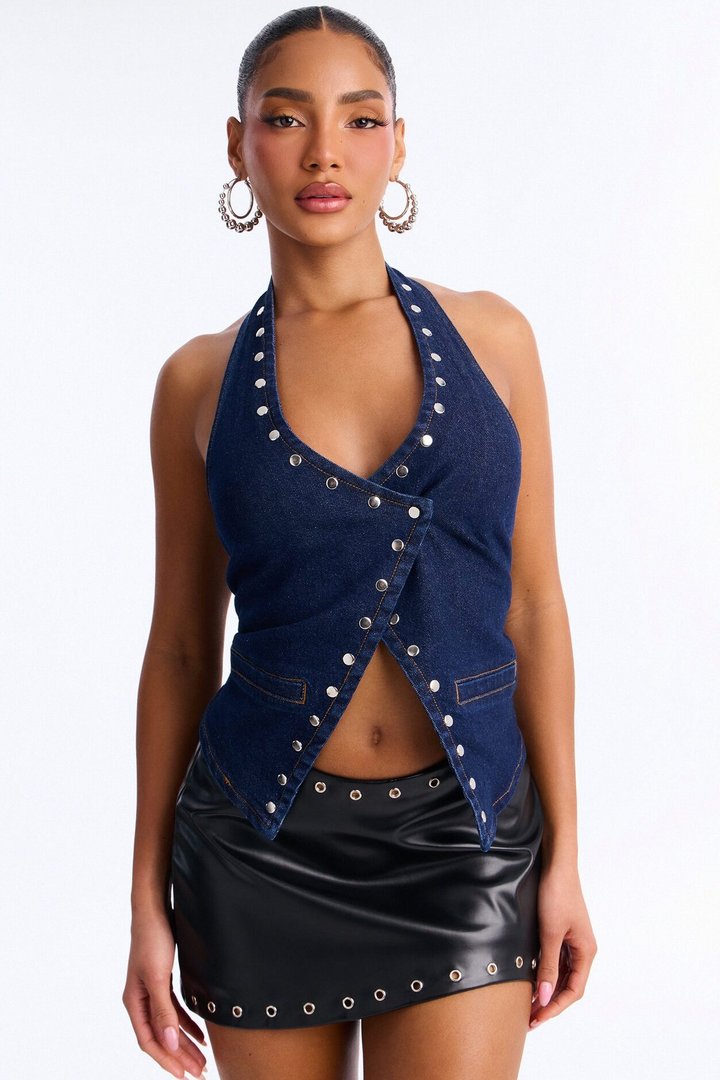 Leon Studded Denim Halter Top - Dark Wash