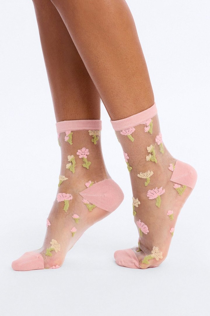Pink Flowers Sheer Crew Socks - Pink/combo