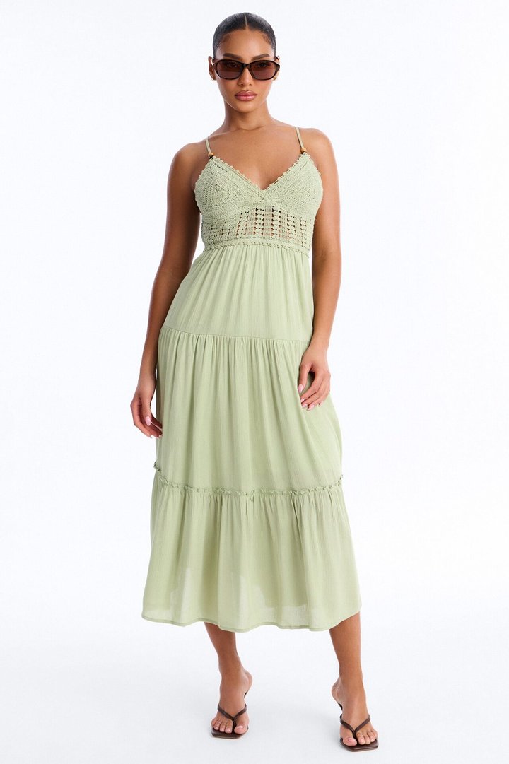 Bianca Crochet Midi Dress - Sage