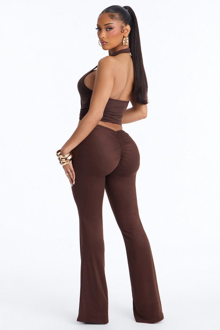 Feeling Cheeky Low Rise Ruched Butt Flare Pant - Chocolate