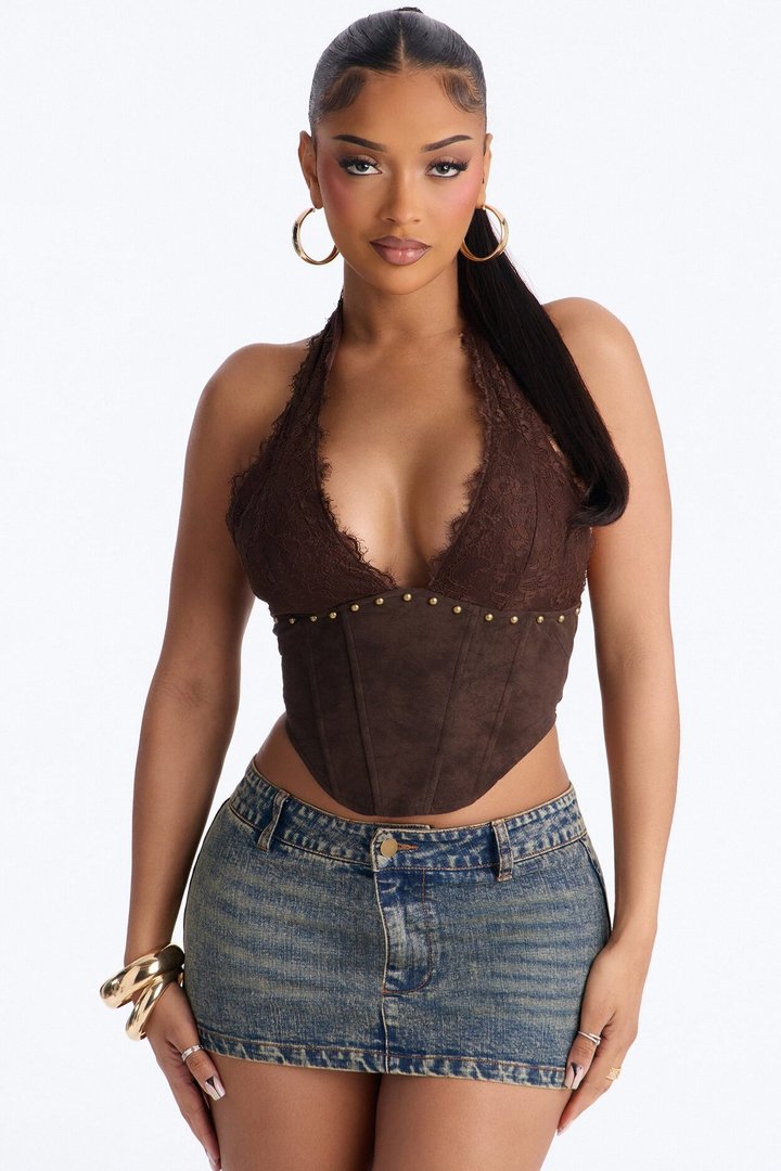 Fallon Faux Suede Studded Lace Halter Top - Brown
