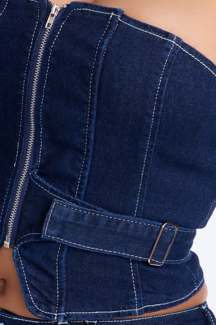 Urban Goddess Front Zip Belted Denim Top - Dark Wash