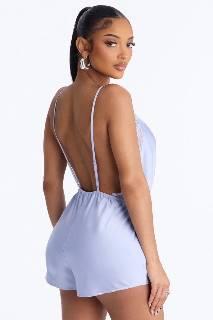 Grace Satin Backless Micro Romper - Dusty Blue